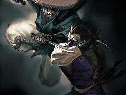  2boys antenna_hair baggy_pants bakumatsu_rouman bandaged_neck bandages battle black_background black_cape black_gloves brown_hair cape commentary_request crossover dark_background darkness detached_sleeves dougi dual_wielding evil_eyes fighting fighting_stance fingerless_gloves fishnets gloves highres holding holding_weapon japanese_clothes katana kisaragi_eiji kisaragi_zantetsu long_sleeves male_focus manly mask mouth_mask multiple_boys muscular ninja ninja_mask okm181 old old_man pants red_sash ryuuko_no_ken sash shaded_face snk sword upper_body weapon 