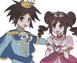  1boy 1girl :d blue_jacket bright_pupils brown_eyes brown_hair clenched_hands commentary_request crown ddakji_0025 double_bun dress eyelashes gloves hair_bun hands_up happy highres jacket korean_commentary long_hair mini_crown nate_(pokemon) open_mouth pink_dress pokemon pokemon_black_2_and_white_2 pokestar_studios rosa_(pokemon) short_sleeves sidelocks simple_background smile white_background white_gloves white_pupils 