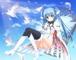  bird birdcage black_legwear blue_eyes blue_hair boots cage chain chains cloud clouds collar feathers highres long_hair nymph_(sora_no_otoshimono) panties pantyshot pass-d sky solo sora_no_otoshimono thighhighs twintails underwear upskirt 
