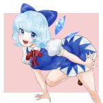  :d aqua_hair blue_eyes bow cirno crystal dress hair_bow ice nobody-knows open_mouth short_dress short_hair smile solo touhou 