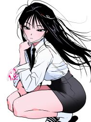  1girl absurdres black_eyes black_hair black_necktie commentary dixretsa dress_shirt expressionless flip-flops highres long_hair looking_at_viewer mask_pull mole mole_under_eye multiple_moles_under_one_eye necktie original sandals shirt simple_background socks solo squatting thighs white_background white_shirt white_socks wispy_bangs 