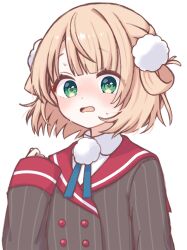  blonde_hair blue_ribbon blunt_bangs blush buttons collared_shirt commentary dot_nose double-breasted dress_shirt green_eyes grey_jacket hair_ornament hair_rings highres indie_virtual_youtuber jacket long_sleeves looking_at_viewer missing_headwear neck_ribbon peanut_mouth pinstripe_jacket pinstripe_pattern pom_pom_(clothes) pom_pom_hair_ornament red_sailor_collar ribbon sailor_collar school_uniform shigure_ui_(1st_costume)_(vtuber) shigure_ui_(vtuber) shirt short_hair side_up_ring simple_background sleeve_cuffs sleeves_past_wrists striped_clothes striped_jacket untranslatable_commentary upper_body vertical-striped_clothes vertical-striped_jacket virtual_youtuber white_background white_shirt yukimi_(st_ykno) 