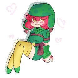  arm_warmers bad_source belt belt_pouch blush brown_belt brown_strap buhanka-chan chest_strap chibi clothing_request dress_shirt fluffy_hair green_arm_warmers green_helmet green_shoes heart helmet highres looking_at_viewer medium_hair nose_blush original pouch red_hair ribbed_arm_warmers russian_ground_forces russo-ukrainian_war shirt shoes short_sleeves sillyswalka_akino sitting smile thigh-highs white_shirt yellow_eyes yellow_thighhighs 