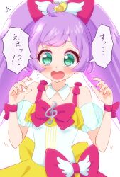  1girl absurdres ahoge blush bow collar commentary_request detached_collar detached_sleeves dress dress_bow embarrassed frilled_dress frills green_eyes hair_bow hands_up highres long_hair manaka_laala open_mouth pink_bow pink_ribbon pretty_series pripara puffy_detached_sleeves puffy_sleeves purple_hair ribbon see-through_clothes see-through_sleeves simple_background sleeveless sleeveless_dress solo speech_bubble sugimura_mickey translation_request twintails upper_body white_background white_collar white_dress wrist_ribbon 
