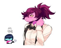  1girl 1other black_bow black_bowtie bow bowtie chibi chibi_inset colored_sclera colored_skin commentary_request contrast_lapels delmok918_ma deltarune from_side furry furry_female hand_on_own_neck highres jacket korean_text kris_(deltarune) lapels long_hair long_sleeves official_alternate_costume official_alternate_hairstyle pink_skin ponytail purple_hair reptile_girl shirt snout suit_jacket susie_(deltarune) sweatdrop translation_request utdr_(toby_fox) white_background white_jacket white_shirt yellow_sclera 