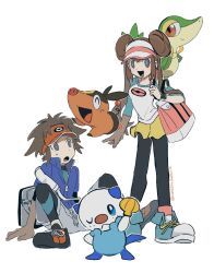  1boy 1girl blue_eyes brown_eyes donut_hair_bun double_bun hair_bun highres nate_(pokemon) oshawott pantyhose pantyhose_under_shorts poke_ball_print pokemon pokemon_black_2_and_white_2 rosa_(pokemon) shorts snivy tepig twintails umebosibakari2 visor_cap yellow_shorts 