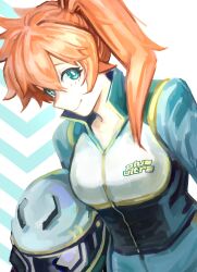  1girl absurdres boku_no_hero_academia breasts closed_mouth commentary green_eyes green_jacket helmet high_collar highres jacket kendo_itsuka long_hair long_sleeves looking_at_viewer medium_breasts orange_hair side_ponytail smile solo spnyachan standing untranslatable_commentary unworn_headwear unworn_helmet 