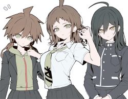  absurdres black_jacket black_shirt black_skirt breasts brown_hair collared_shirt commentary danganronpa:_trigger_happy_havoc danganronpa_(series) danganronpa_2:_goodbye_despair danganronpa_v3:_killing_harmony genderswap genderswap_(mtf) green_eyes green_hoodie green_necktie highres hinata_hajime hood hoodie jacket kn0309dg large_breasts long_hair looking_at_viewer naegi_makoto necktie saihara_shuichi shirt skirt twintails twirling_hair untranslatable_commentary white_shirt yellow_eyes 
