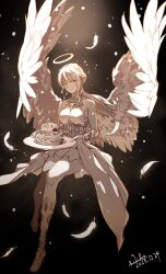  1girl 2025 angel angel_wings black_background bracelet breasts cake commentary_request dated dragon_quest dragon_quest_x dress falling_feathers feathered_wings feathers flower food glowing greyscale hair_flower hair_ornament halo highres himiko_(326ontheweb) holding holding_plate jewelry lectalys looking_at_viewer looking_to_the_side low_ponytail medium_breasts monochrome plate ponytail queen_slime_(dragon_quest) sandals smile solo wings 