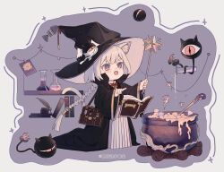  +_+ 1girl :o animal_ear_fluff animal_ears bag beaker black_hat black_robe book bow bowtie braid braided_ponytail cat_ears cat_girl cat_tail cauldron chibi commentary creature dress ears_through_headwear erlenmeyer_flask fang flask floating floating_book floating_object full_body grey_background grey_hair hat highres holding holding_wand long_hair long_sleeves open_book open_mouth original pointing potion quill red_bow red_bowtie robe short_eyebrows shoulder_bag single_braid sola0316 solo standing star_(symbol) symbol-shaped_pupils tail telekinesis test_tube thick_eyebrows very_long_hair violet_eyes wand watermark wide_sleeves witch witch_hat 