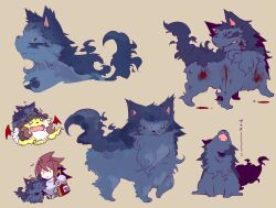 1boy armor bad_id bad_pixiv_id biting blood blue_fur bluetenbin breastplate brown_hair chibi chimaera_(sekaiju) clenched_teeth fangs full_body grey_armor hair_between_eyes horns hrothgar_(sekaiju) injury kurogane_(sekaiju) monster multiple_views o_o petting profile red_wings sekaiju_no_meikyuu sekaiju_no_meikyuu_2 simple_background sitting smile spiky_hair teeth translation_request upper_body wings wolf yellow_eyes 