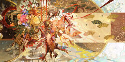  1girl absurdres architecture bird blue_flower bonsai brown_eyes brown_hair chinese_commentary chrysanthemum commentary_request commission earrings east_asian_architecture eyeshadow floral_print floral_print_kimono flower full_body hair_flower hair_intakes hair_ornament hand_fan highres holding holding_fan holding_ribbon japanese_clothes jewelry kimono layered_sleeves leaf long_hair long_sleeves looking_afar makeup obi orange_kimono original pink_eyeshadow pink_flower platform_sandals print_kimono purple_flower red_flower red_ribbon ribbon sandals sash shachang sidelocks socks solo swept_bangs tabi tree watermark white_flower white_socks wide_sleeves yellow_flower 