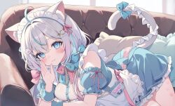  1girl :3 ahoge amashiro_nyamu_(vtuber) animal_ear_fluff animal_ears apron blue_bow blue_dress blue_eyes blush bow cat_hair_ornament cat_tail commentary_request couch day detached_sleeves dress frilled_dress frilled_wrist_cuffs frills hair_bow hair_ornament hand_to_own_mouth indie_virtual_youtuber indoors looking_at_viewer lying maid_apron maid_headdress name_tag on_couch palms paw_hair_ornament paw_print pillow pink_bow puffy_detached_sleeves puffy_sleeves short_hair smile solo sunlight tail tail_bow tail_ornament thighs white_apron white_hair window wrist_cuffs yoshino_saku 