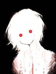  1boy absurdres black_background camera_flash_overexposure chinese_commentary colored_skin commentary_request highres horror_(theme) looking_at_viewer overexposure portrait red_eyes saihate_eki solo tatsunami_shion white_hair white_skin xiezhen22970 