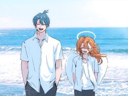 2boys aakisketch angel_devil_(chainsaw_man) arms_behind_back black_pants blue_hair chainsaw_man closed_eyes dress_shirt earrings floating_hair hair_between_eyes halo hands_in_pockets happy hayakawa_aki height_difference highres jewelry long_hair male_focus multiple_boys ocean open_clothes open_mouth open_shirt pants shirt short_hair side-by-side sky smile standing suit_pants t-shirt teeth topknot traditional_halo undershirt untucked_shirt white_shirt wings 