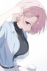  1girl absurdres adjusting_hair arimura_mao black_sweater breasts collared_shirt commentary_request gakuen_idolmaster hair_ornament hair_over_one_eye hairclip hand_up highres holding idolmaster jewelry large_breasts mochigome_(ununquadium) necklace pink_hair shirt simple_background solo sweater upper_body violet_eyes white_background white_shirt 