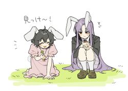  2girls ^_^ animal_ears black_jacket blazer blush brown_shoes carrot_necklace closed_eyes clover collared_shirt commentary_request dress floppy_ears four-leaf_clover holding inaba_tewi jacket jewelry loafers long_hair long_sleeves multiple_girls necklace necktie open_mouth pendant pink_dress pink_skirt pleated_skirt purple_hair rabbit_ears rabbit_girl rabbit_tail red_eyes red_necktie reisen_udongein_inaba sakic43899 shirt shoes skirt smile socks squatting tail touhou translation_request very_long_hair white_shirt white_socks 