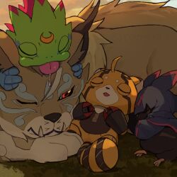  ahoge animal_print bat_(animal) bat_print blue_gloves blue_hood brown_fur chiropmon closed_eyes commentary_request cougar cougarmon crescent crescent_facial_mark digimon digimon_(creature) digimon_beatbreak digimon_on_head drooling facial_mark fangs gecko gekkomon gloves grass group_picture hands_on_another's_head highres hood lizard lying mechanical_arms mitoron63 no_humans on_back on_ground on_side one_eye_closed open_mouth pristimon red_eyes saliva sentient_stuffed_toy sleeping sleeping_on_person sleeping_together stuffed_raccoon stuffed_toy tongue tongue_out white_fur 