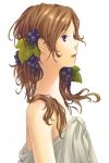  1girl ayumi_k bare_shoulders brown_hair bust food fruit grapes leaf lips looking_afar original profile simple_background sleeveless solo violet_eyes white_background 