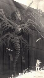  1other animal bird dashase floating_hair flock foliage greyscale highres light_rays long_hair megastructure monochrome monster original outdoors wide_shot 