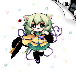  1girl animal_ears bell black_hat black_thighhighs blood blood_on_face blush bow bright_pupils buttons cat_ears cat_girl cat_tail collared_shirt commentary_request deformed diamond_button disembodied_linked_eye eyeball fancy_island fangs floral_print frilled_shirt_collar frilled_sleeves frills green_eyes green_hair green_skirt hat hat_bow heart heart_of_string heripantomorrow holding holding_unworn_clothes holding_unworn_hat horror_(theme) jingle_bell kemonomimi_mode komeiji_koishi long_hair long_sleeves looking_at_viewer missing_headwear neck_bell paw_print paw_print_background print_skirt rose_print shirt single_paw_pose skirt tail thigh-highs touhou unworn_hat unworn_headwear white_pupils wide_sleeves yellow_bow yellow_shirt 