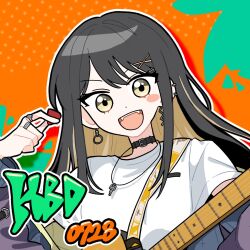  1girl at_09098 bang_dream! bang_dream!_our_notes black_hair brown_hair colored_inner_hair commentary_request dated ear_piercing earrings electric_guitar fender_musical_instruments_corporation guitar guitar_strap happy_birthday highres holding holding_phone instrument jewelry korean_commentary long_hair looking_at_viewer multicolored_hair multiple_rings open_mouth outline phone piercing ring solo suga_raika white_outline yellow_eyes 
