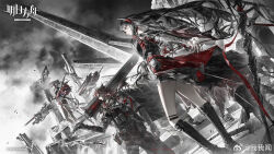  1boy 2girls antenna_hair arknights armor belt belt_pouch black_boots black_cape black_dress black_hair black_shirt black_shorts boots breasts cape chest_rig chinese_commentary commentary_request compression_shirt copyright_logo copyright_notice crop_top crop_top_overhang dagger demon_boy demon_girl demon_horns demon_tail dress dutch_angle eyepatch floating_hair from_below full_body gauntlets goat_girl grey_hair hands_on_own_hips highres hoederer_(arknights) holding holding_dagger holding_knife holding_weapon horns huge_weapon ines_(arknights) jacket knee_boots knife logo long_hair medium_breasts medium_hair microdress multicolored_horns multiple_girls muscular muscular_male off_shoulder official_alternate_costume official_art one_eye_covered over_shoulder overcast pauldrons pencil_dress pointy_ears pouch profile red_hair red_horns red_jacket rerebrace shirt short_shorts shorts shoulder_armor sky starstruckdon sword sword_over_shoulder tail thigh_belt thigh_strap thread two-tone_horns w_(arknights) waist_cape watermark weapon weapon_over_shoulder weibo_username weibo_watermark wis'adel_(arknights) yellow_eyes 