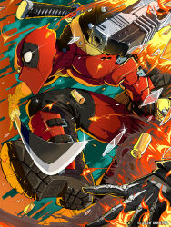  1boy belt belt_buckle bodysuit buckle commentary deadpool deadpool_(series) english_commentary explosion eye_trail glass_shards gun handgun highres holding holding_gun holding_sword holding_weapon katana kitazano_shoichi light_trail marvel marvel_tokon:_fighting_souls mask official_art shell_casing solo superhero_costume sword sword_on_back utility_belt weapon weapon_on_back 