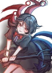  1girl absurdres asymmetrical_wings black_dress black_hair blue_wings blush bow bowtie commentary dress highres houjuu_nue looking_at_viewer medium_hair messy_hair polearm red_bow red_bowtie red_eyes red_wings short_sleeves simple_background solo takave tongue tongue_out touhou trident v-shaped_eyebrows weapon white_background wings 