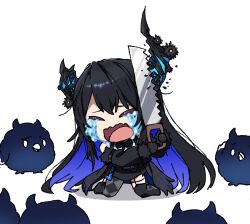  1girl asymmetrical_horns black_hair black_horns blue_hair colored_inner_hair commentary demon_horns hand_saw highres hololive hololive_english horns jailbird_(nerissa_ravencroft) kay_yu long_hair multicolored_hair nerissa_ravencroft nerissa_ravencroft_(1st_costume) saw tears uneven_horns virtual_youtuber 
