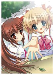  2girls :d ahoge aqua_eyes bench blonde_hair blush border bow bowtie brown_hair closed_mouth collared_shirt commentary_request day dress_shirt dutch_angle eyes_visible_through_hair hair_between_eyes hair_ornament hair_ribbon kamikita_komari leaf little_busters! little_busters!_school_uniform long_hair long_ribbon looking_at_viewer looking_back medium_hair mizuki_chika multiple_girls natsume_rin open_mouth outdoors outstretched_arm outstretched_hand park_bench pink_bow pink_bowtie ponytail reaching reaching_towards_viewer red_eyes red_ribbon ribbon school_uniform shirt sidelocks smile star_(symbol) star_hair_ornament two_side_up upper_body very_long_hair white_border white_shirt 
