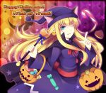  1girl animal_ears argyle argyle_background blonde_hair blue_eyes candy candy_cane cat_ears cookie crescent earrings food gradient gradient_background halloween happy_halloween hat jack-o&#039;-lantern jewelry long_hair madou_monogatari orange_background pumpkin purple_background puyo_(puyopuyo) puyopuyo smile solo star trick_or_treat wand wink witch_(puyopuyo) yamikage_gumi 
