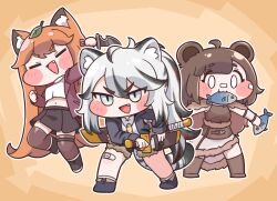  3girls ahoge animal_ear_fluff animal_ears bandages bandaid bandaid_on_leg bear_ears bear_girl beni_(trickcal) black_hair black_jacket black_shoes black_skirt blank_eyes blue_eyes boots brown_boots brown_hair brown_shirt brown_skirt capelet chibi commentary_request fang fish fish_in_mouth food fox_ears fox_tail fur_capelet fur_trim highres holding holding_knife jacket knife leaf leaf_on_head medium_hair multicolored_hair multiple_girls navel orange_hair red_jacket rufo_(trickcal) scabbard sheath shirt shoes simple_background skirt solo streaked_hair suwa_yasai sword tail thigh-highs tig_(trickcal) tiger tiger_ears tiger_tail trickcal weapon white_hair white_shirt white_tiger 