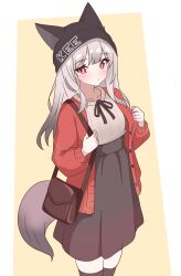  1girl absurdres alternate_costume animal_ears arknights bag beanie black_hat black_ribbon black_skirt black_thighhighs blush brown_bag brown_shirt buttons cardigan clothes_writing collarbone commentary_request cowboy_shot eggplant7217 fox_ears fox_girl fox_tail frostleaf_(arknights) grey_hair grey_tail hat high-waist_skirt highres jacket long_hair long_sleeves looking_at_viewer neck_ribbon open_cardigan open_clothes open_jacket parted_lips red_cardigan red_eyes red_jacket ribbon shirt shirt_tucked_in simple_background skirt solo standing tail thigh-highs unbuttoned yellow_background zettai_ryouiki 