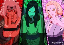  1girl 2boys blonde_hair commentary crystal_necklace densetsu_no_sannin english_commentary eyeliner facial_mark forehead_mark forehead_protector grey_kimono haori highres japanese_clothes jiraiya_(naruto) kimono majimartbcn makeup mature_female meme multiple_boys naruto_(series) orochimaru_(naruto) pale_skin purple_eyeliner slit_pupils tear_troughs triple_domain_expansion_(meme) tsunade_(naruto) 