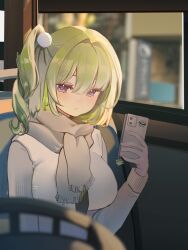  1girl absurdres blurry blurry_background blurry_foreground breasts bus_interior cellphone cellphone_charm character_charm charm_(object) chico_(yuzuha_riko) closed_mouth commentary_request day depth_of_field expressionless eyelashes green_hair grey_scarf grey_sweater hair_intakes hair_ornament hand_up highres holding holding_phone impossible_clothes impossible_vest korean_commentary large_breasts looking_at_viewer medium_hair one_side_up phone pom_pom_(clothes) pom_pom_hair_ornament scarf smartphone solo stellive sweater vest violet_eyes virtual_youtuber white_vest winter_clothes wo0ngw0ong yuzuha_riko 