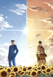  2boys absurdres ace_attorney arm_guards black_eyes black_gloves black_hair blue_jacket blue_pants blue_sky blue_suit brass_knuckles capcom clouds commentary_request company_connection crop_top crossover field flag flower flower_field gloves hand_in_pocket highres hood hooded_vest hoodie jacket kimi_no_na_wa. linjie male_focus midriff multiple_boys navel necktie orange_sky pants parody phoenix_wright poster_parody red_necktie sengoku_basara single_sleeve sky spiky_hair suit sun sunflower sunflower_field tokugawa_ieyasu_(sengoku_basara) toned toned_male vest weapon yellow_pants 