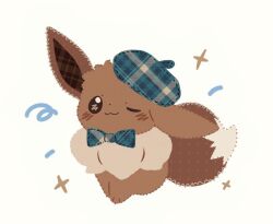  :3 beret bow bowtie eevee full_body hat inomo_(qimoshu) no_humans no_lineart one_eye_closed plaid_bow plaid_bowtie plaid_clothes plaid_hat pokemon pokemon_(creature) pokemon_focus smile stitches 