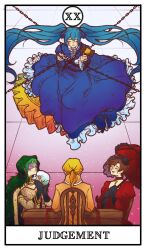  allen_avadonia aqua_hair armlet black_gloves black_hat black_lace_trim black_veil blonde_hair blue_bow blue_dress blue_hair blue_ribbon bodystocking bow bracelet brown_hair cape card_(medium) chaban_capriccio_(vocaloid) chain chained chair choker clockworker's_doll closed_eyes closed_mouth coat collared_coat collared_dress collared_jacket cross cross_choker crossed_arms domino_mask dress dress_bow evillious_nendaiki eye_mask fingerless_gloves fishnet_bodystocking fishnets frilled_cuffs frilled_dress frills fur-trimmed_cape fur_trim gavel gears gloves gold_armlet gold_bracelet grid_background gumi gumillia hair_ribbon hat hat_veil hatsune_miku highres holding holding_gavel holding_skull hood hood_up hooded_cape houtei_no_nushi jacket jewelry judgement_(tarot) juliet_sleeves kagamine_len long_dress long_sleeves lorehappy mask meikai_no_nushi meiko_(vocaloid) mini_hat neck_ring orange_coat orange_jacket parasol parted_lips ponytail puffy_sleeves re_birthday_(vocaloid) red_choker red_dress red_umbrella ribbon roman_numeral skull smile table tarot tarot_(medium) umbrella veil vocaloid white_wrist_cuffs wooden_chair wooden_table wrist_cuffs 