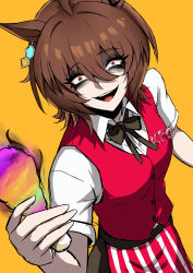  1girl absurdres agnes_tachyon_(umamusume) ahoge animal_ears apron black_eyeliner black_eyeshadow bow bowtie chemical_structure collared_shirt constricted_pupils copyright_name crazy_eyes ear_ornament earrings eyeliner eyeshadow food hand_up highres holding holding_food holding_ice_cream horse_ears horse_girl ice_cream jewelry kfc looking_at_viewer makeup nagai_negi open_mouth pinstripe_pattern red_apron red_bow red_bowtie red_eyes red_vest shirt short_sleeves simple_background single_earring smile solo umamusume vest waist_apron white_shirt yellow_background 