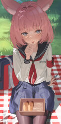  1girl absurdres animal_ear_fluff animal_ears armband bag blue_archive blue_eyes blue_halo blue_sailor_collar blue_skirt box breast_pocket commentary cowboy_shot food fox_ears fox_girl grass halo highres inarizushi incredibly_absurdres licking licking_finger long_sleeves looking_at_viewer neckerchief net_(pixiv_71122984) niko_(blue_archive) on_ground outdoors pantyhose picnic_blanket pink_hair pleated_skirt pocket red_armband red_neckerchief sailor_collar sailor_shirt school_bag school_uniform serafuku shirt short_hair sitting skirt solo sushi tongue tongue_out white_shirt 