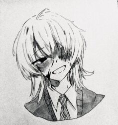  1boy blood blood_on_face blush cardigan dress_shirt greyscale grin liuki_kun medium_hair monochrome necktie one-eyed portrait saihate_eki shirt smile solo tatsunami_shion traditional_media 