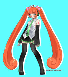  1girl absurdly_long_hair ahoge arm_tattoo bare_shoulders black_boots black_skirt blush boots bow clip_studio_paint_(medium) closed_mouth collared_shirt cosplay detached_sleeves east-west_crossover eyelashes fingernails freckles green_eyes green_nails green_necktie grey_shirt hair_bow hatsune_miku hatsune_miku_(cosplay) headset highres legs_apart long_hair nail_polish necktie orange_hair patreon_username penny_polendina pink_bow power_symbol rwby schrwby shirt skirt sleeves_past_wrists smile solo split_mouth standing tattoo thigh_boots tie_clip twintails very_long_hair vocaloid vocaloid_boxart_pose 