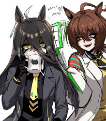 2girls absurdres agnes_tachyon_(umamusume) ahoge anger_vein animal_ears annoyed black_eyeliner black_eyeshadow black_gloves black_hair black_necktie black_shirt black_vest brown_hair cat_ears censored coat collared_shirt constricted_pupils cup ear_ornament ear_tag earrings english_text eyeliner eyeshadow flyswatter gloves hair_between_eyes hand_up heart highres hitting holding holding_cup horse_ears horse_girl jewelry lab_coat long_bangs long_hair long_hair_between_eyes long_sleeves makeup manhattan_cafe_(umamusume) mosaic_censoring mug multicolored_hair multiple_girls nagai_negi necktie open_clothes open_coat open_mouth red_eyes shaded_face shirt short_hair short_necktie simple_background single_earring sleeves_past_fingers sleeves_past_wrists smile steam sweater umamusume upper_body very_long_hair vest white_background white_coat white_hair white_shirt yellow_eyes yellow_necktie yellow_sweater 