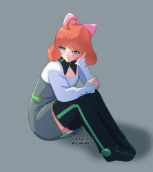 1girl ahoge black_boots boots bow clip_studio_paint_(medium) closed_mouth commentary dress english_commentary eyelashes freckles full_body green_eyes grey_background grey_dress hair_bow hand_on_own_arm hand_on_own_face highres long_sleeves medium_hair orange_hair patreon_username penny_polendina pinafore_dress pink_bow rwby schrwby shadow shirt simple_background sitting sleeveless sleeveless_dress solo split_mouth white_shirt 