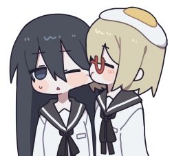  2girls :< black_hair black_sailor_collar blonde_hair blue_eyes blush_stickers breast_pocket cheek_pinching food food_on_head fried_egg glasses highres kiss long_hair long_sleeves medium_hair multiple_girls neck_ribbon object_on_head one-eyed pinching pocket red-framed_eyewear red_ribbon ribbon sailor_collar school_uniform serafuku shimeji_simulation shirt simple_background sweatdrop tsukishima_shijima upper_body white_background white_shirt yamashita_majime yeolomang yuri 