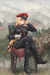  1girl absurdres bad_source black_jacket black_pants blonde_hair blue_eyes braid crossed_legs frown gloves hat highres jacket kornilov_shock_regiment looking_at_viewer military military_hat military_uniform mole mole_under_eye narrowed_eyes order_of_the_great_siberian_ice_march original pants peaked_cap red_hat ribbon_of_saint_george russia russian_civil_war russian_empire russian_text serious sitting skull_and_crossbones solo white_army white_gloves zap-nik 