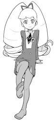  1girl bad_id bow dress drill_hair greyscale hair_bow heriyama long_hair looking_at_viewer luna_platz_(mega_man) mega_man_(series) mega_man_star_force_(series) monochrome pantyhose sitting smile twin_drills very_long_hair 