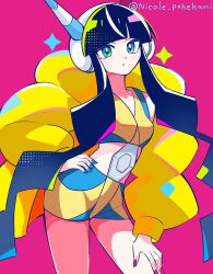  1girl bike_shorts black_hair blue_eyes blue_nails blunt_bangs buckle coat commentary cowboy_shot crop_top elesa_(pokemon) flats fur_coat fur_jacket halftone headphones highres jacket long_hair nikoru pink_background pokemon pokemon_black_2_and_white_2 red_nails sidelocks solo sparkle twitter_username yellow_coat 