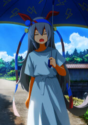  1girl absurdres animal_ears blue_dress blue_hairband blue_sky closed_eyes clouds commentary_request day dress ear_covers fang grey_hair grey_tail hair_between_eyes hairband headband highres holding holding_umbrella horse_ears horse_girl horse_tail lightning_bolt_print lightning_bolt_symbol long_hair multicolored_hairband open_mouth outdoors red_headband sayasamamu short_sleeves sky striped_clothes striped_hairband sweat tail tamamo_cross_(umamusume) two-tone_hairband umamusume umbrella very_long_hair 